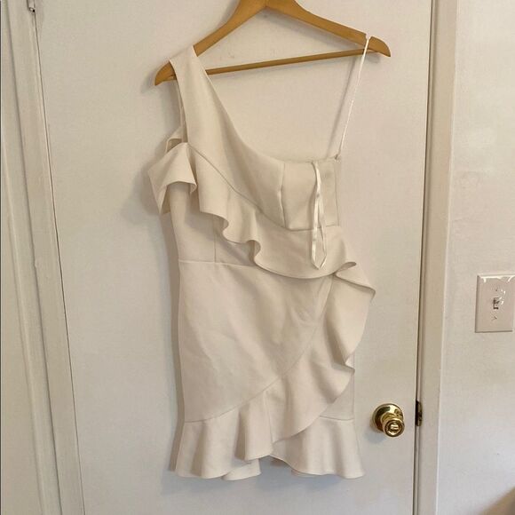 BCBG White Ruffled One Shoulder Mini Dress Size 8 - Picture 2 of 14
